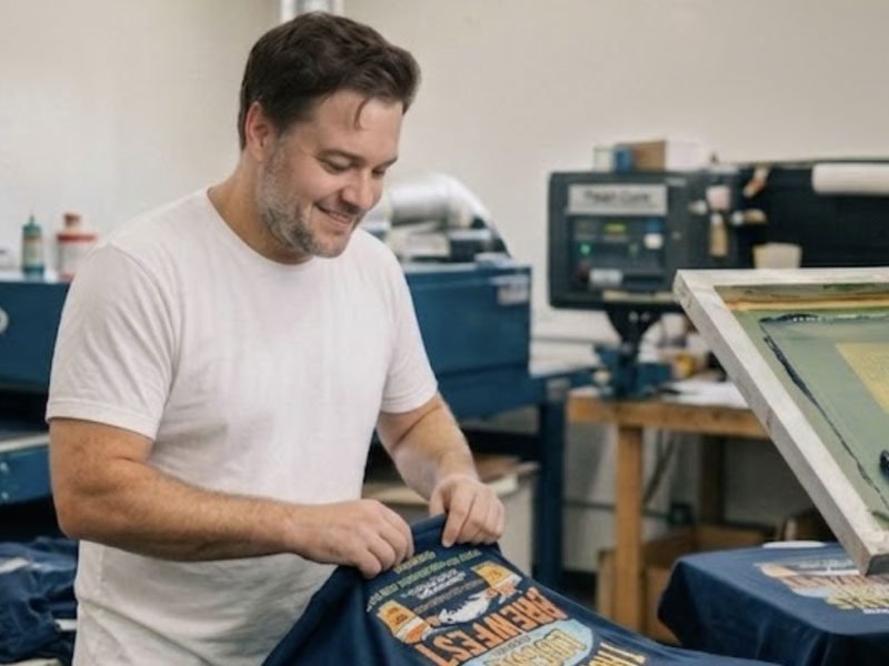 Chris hand-checking a custom screen print order at 3 Day Prints shop in Camarillo CA