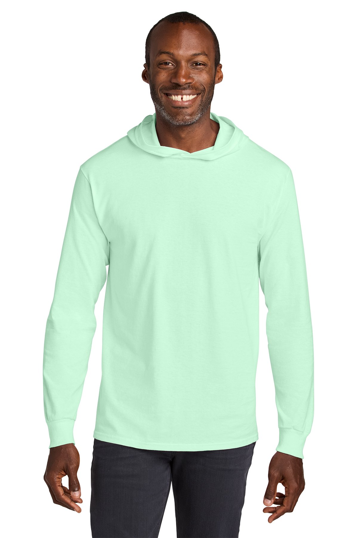 Jerzees 363LH cotton long sleeve hooded T-shirt in Mint To Be, model front view