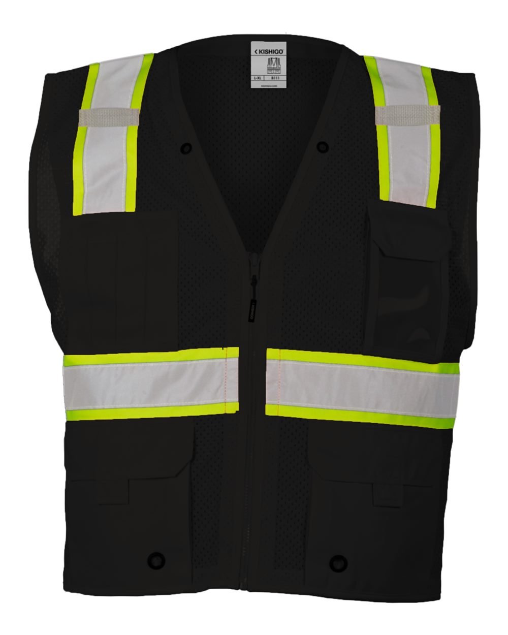 Kishigo B100-111 EV Series Enhanced Visibility Multi-Pocket Mesh Vest in black and lime, front product view