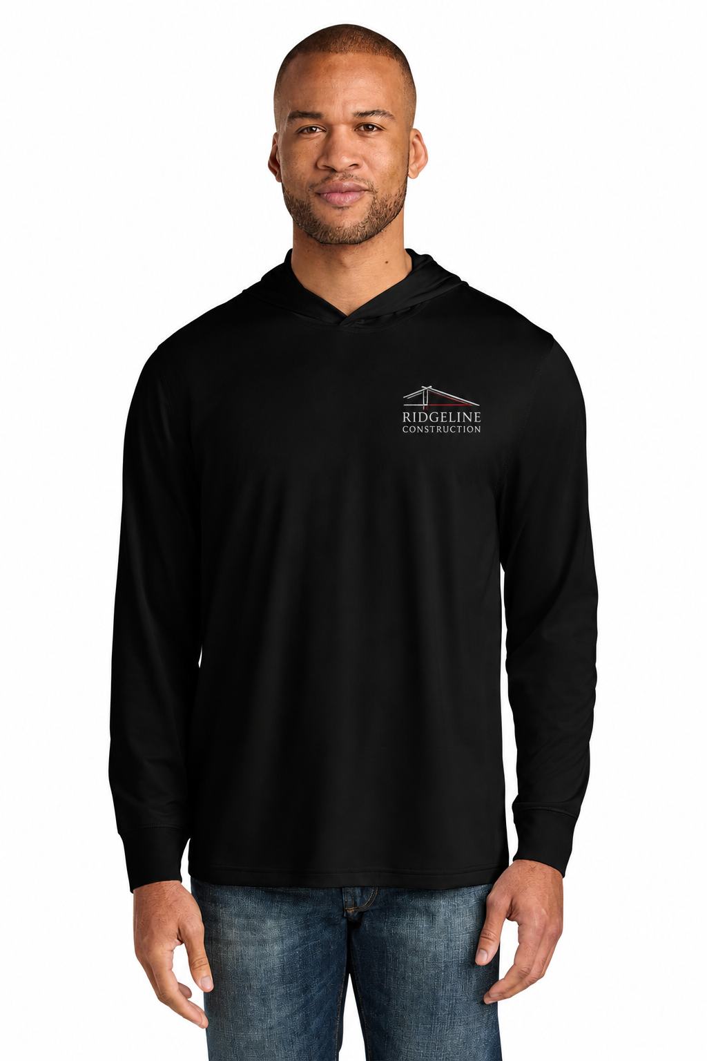 CornerStone CS440LSH Workwear Pro Long Sleeve Hooded Tee in black with a sample left-chest construction logo