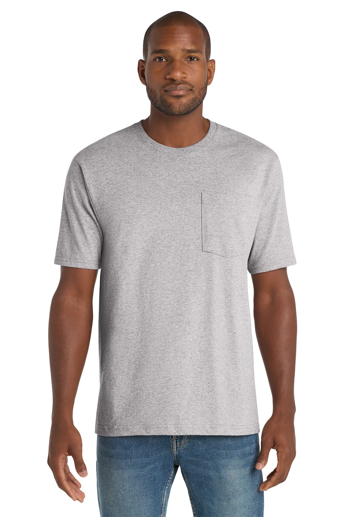 CornerStone CS430 Workwear Pocket Tee in heather grey, model front view