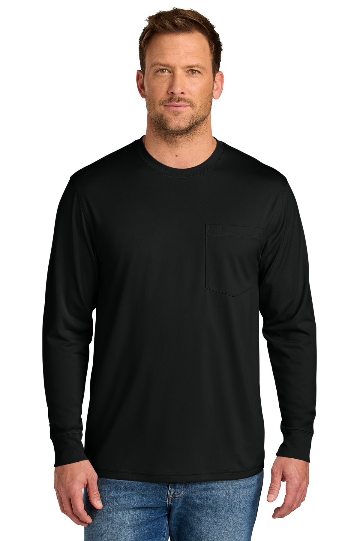 CornerStone CS440LSP Workwear Pro Long Sleeve Pocket Tee in black, model front view