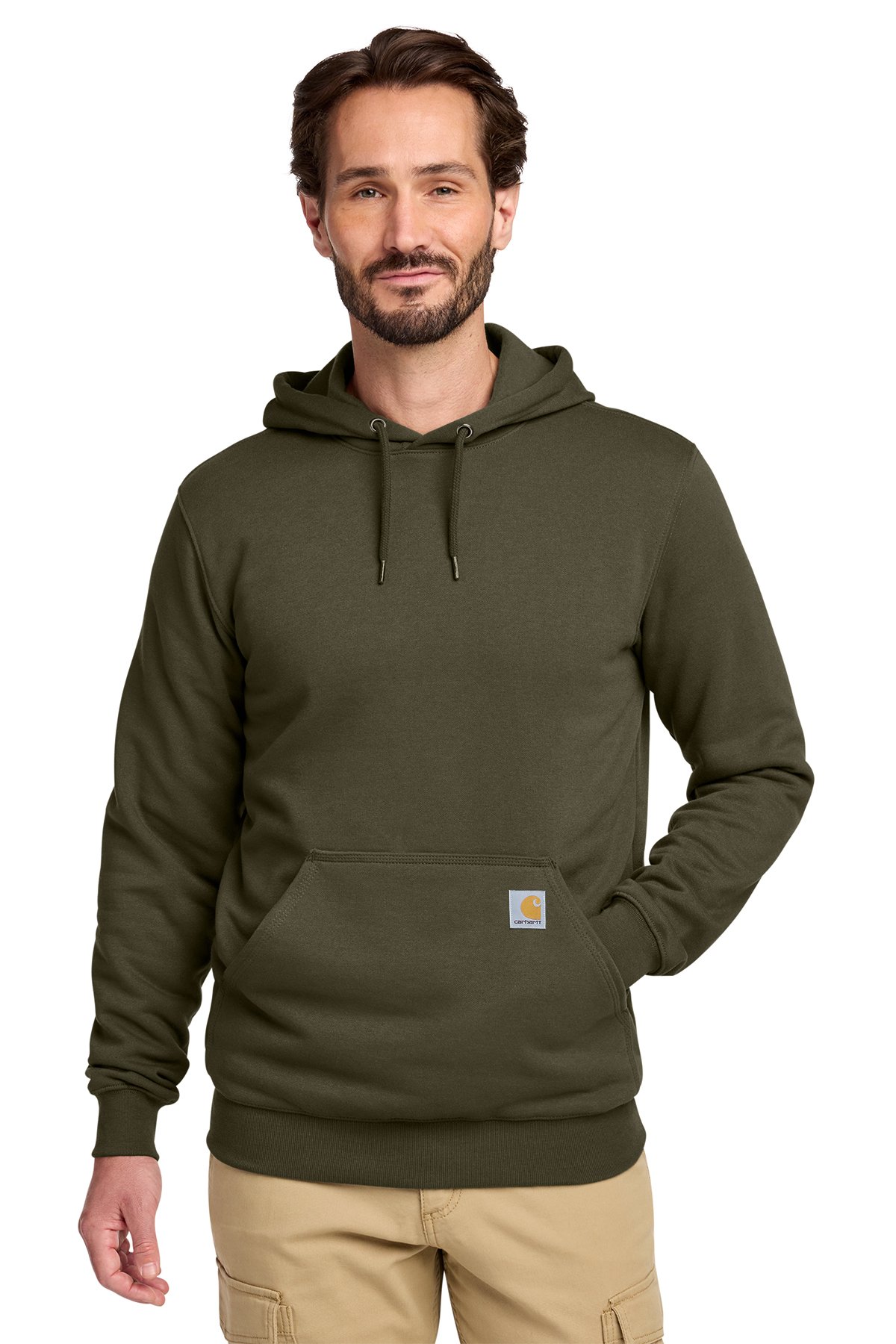 Carhartt CTK121 Midweight Hooded Sweatshirt in moss, model front view