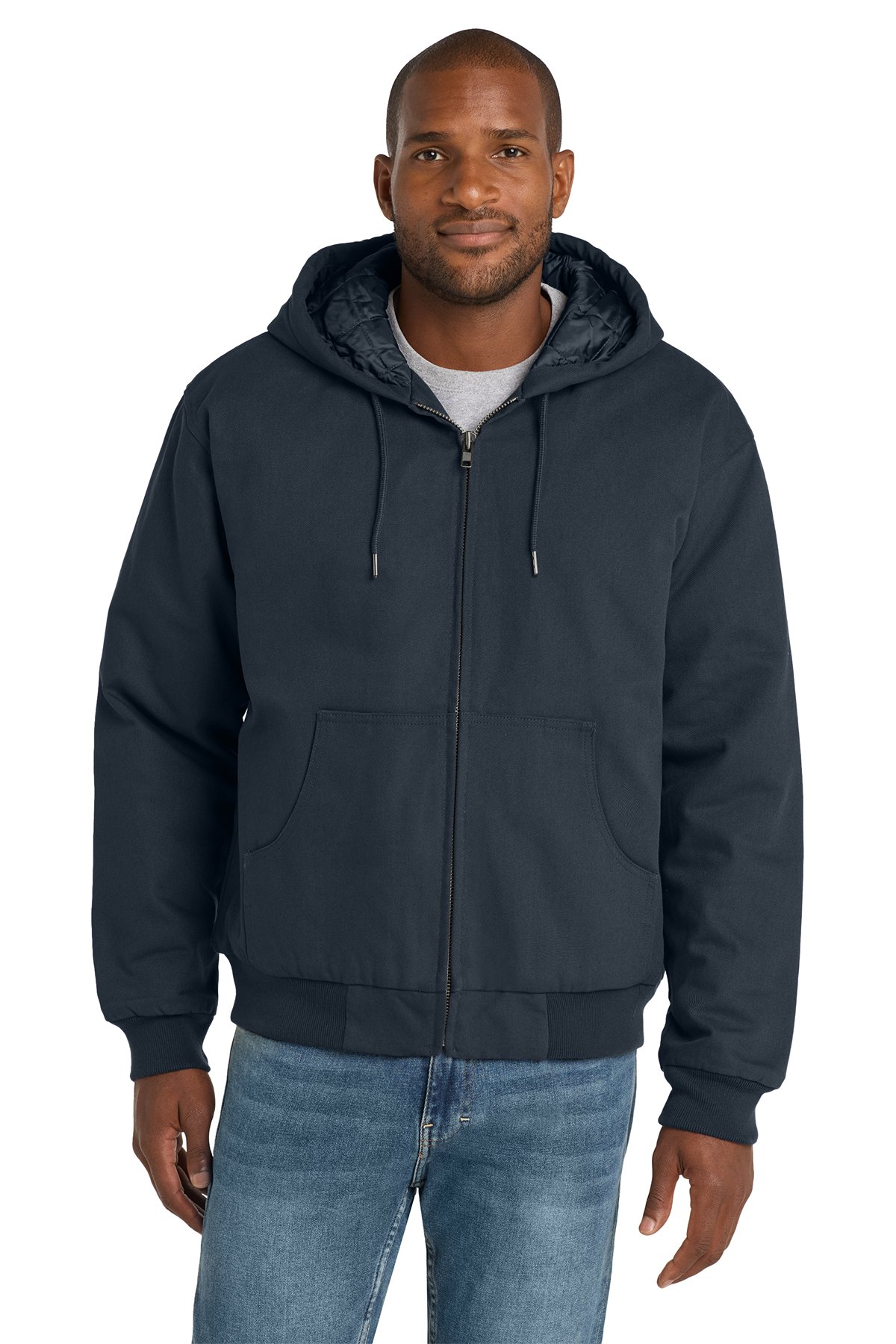 CornerStone J763H Duck Cloth Hooded Work Jacket in navy, model front view