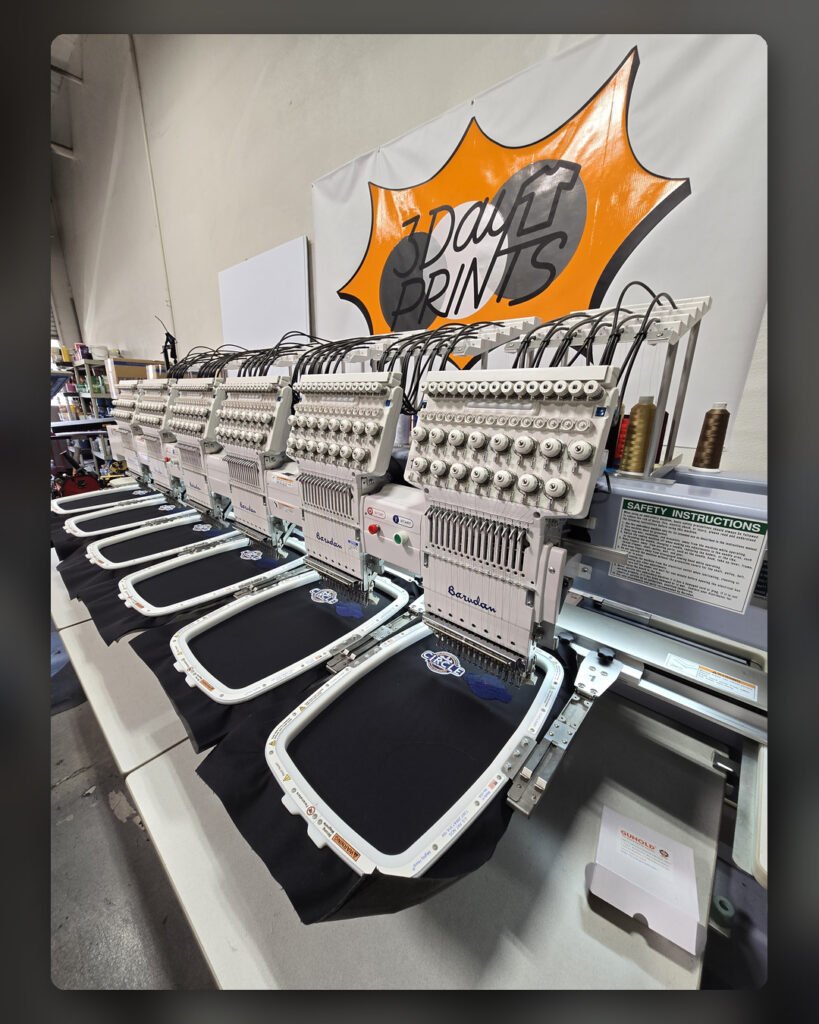 Custom embroidery quality control at 3 Day Prints in Camarillo
