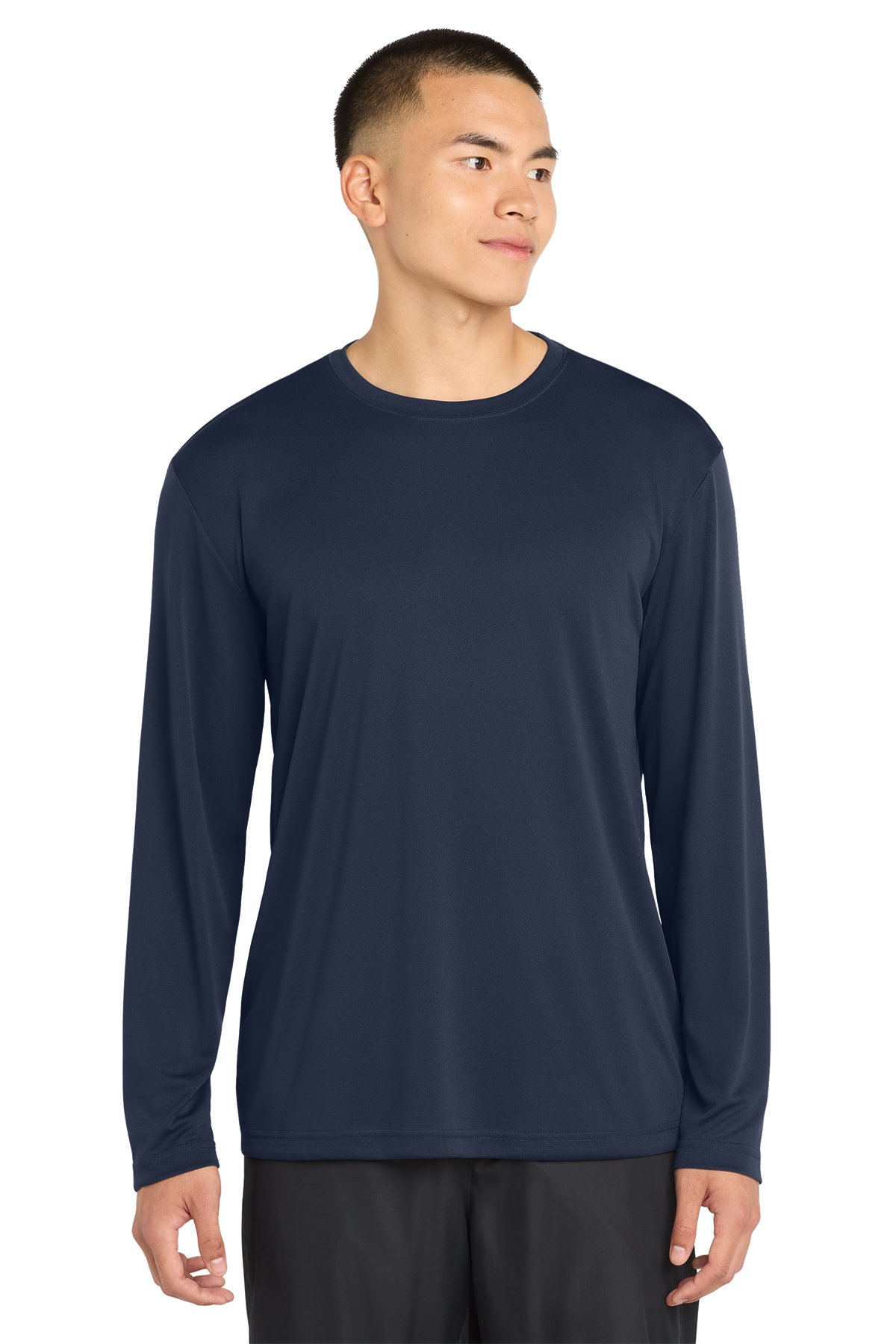 Sport-Tek ST350LS Long Sleeve PosiCharge Competitor Tee in true navy, model front view